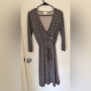 LOFT Black and Cream Patterned Wrap Dress